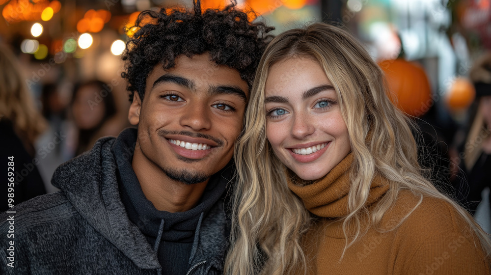 A happy couple poses at a lively autumn festival, surrounded by pumpkins and lights, capturing a warm and carefree vibe A happy couple poses at a lively autumn festival, surrounded by pumpkins and lights, capturing a warm and carefree vibe