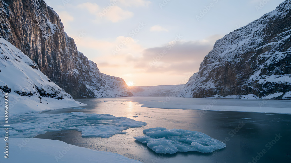 A frozen fjord surrounded by towering snow-covered cliffs with patches of blue ice visible on the surface and a pale winter sun hanging low in the sky. A frozen fjord surrounded by towering snow-covered cliffs with patches of blue ice visible on the surface and a pale winter sun hanging low in the sky.