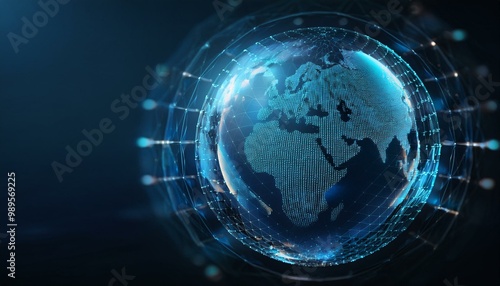 planet earth in the form of a digital hologram; blue light color and black background 13