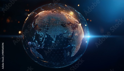 planet earth in the form of a digital hologram; blue light color and black background 11