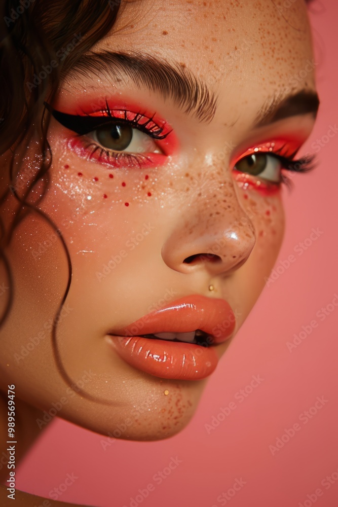 A close-up portrait of a model with colorful vibrant makeup against a pink backdrop A close-up portrait of a model with colorful vibrant makeup against a pink backdrop