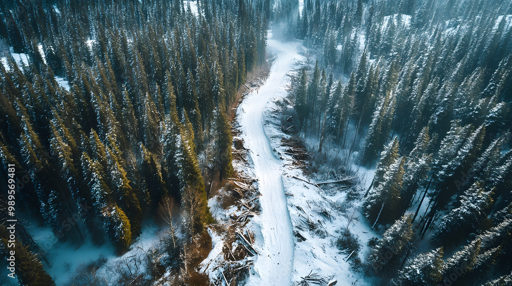 An aerial shot of an avalanche path carving through a dense forest leaving a clear trail of destruction as trees are uprooted and snow is displaced.
