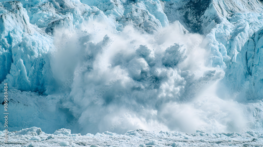 An avalanche barreling down a glacier with massive chunks of ice breaking off and tumbling down the slope. An avalanche barreling down a glacier with massive chunks of ice breaking off and tumbling down the slope.