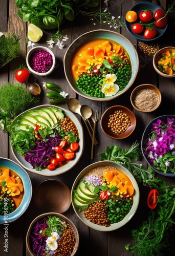 colorful delicious plant based dishes presented casual dining setup vibrant tableware fresh ingredients, appetizer, arrangement, aroma, banquet, bowl, chef