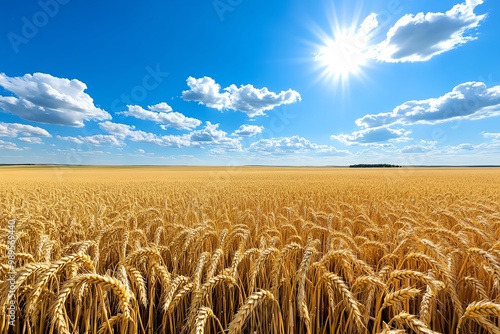 A vast prairie with endless fields of wheat, golden under the midday sun, stretching toward the horizon with a distant farmhouse photo