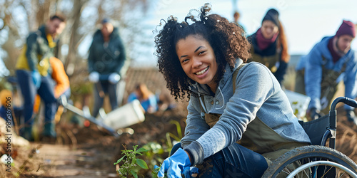 Woman in wheelchair volunteering outdoors, Inclusive community gardening