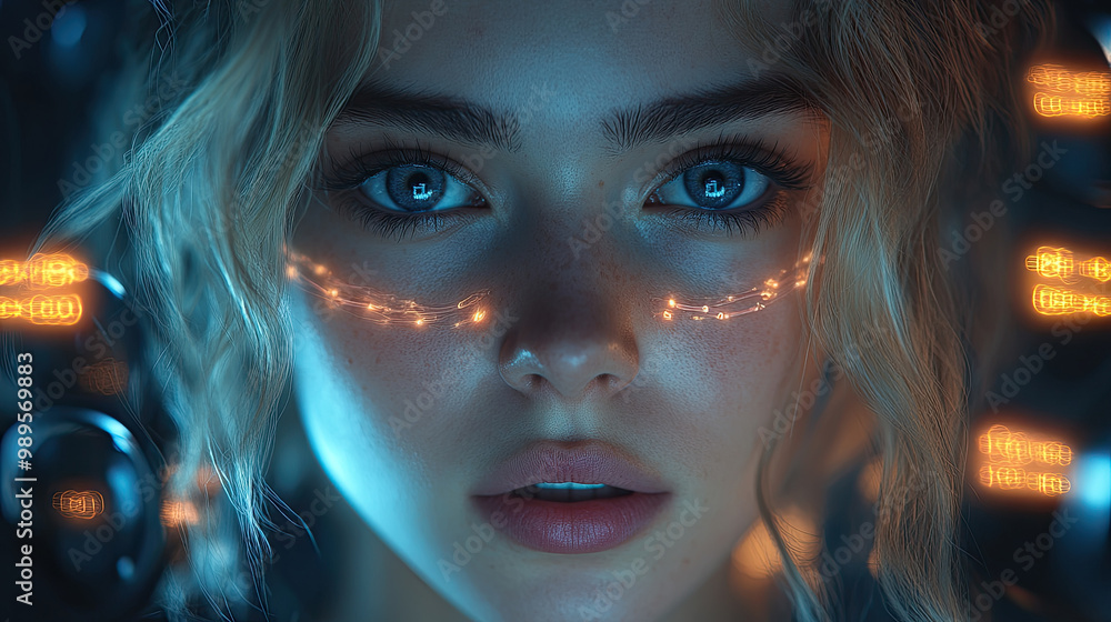 A young woman with intricate glowing patterns on her face captures attention with her penetrating gaze, surrounded by high-tech elements A young woman with intricate glowing patterns on her face captures attention with her penetrating gaze, surrounded by high-tech elements