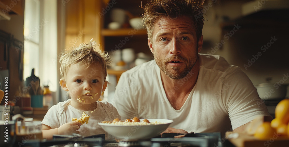 A young father enjoys breakfast with his toddler in a warm kitchen, illustrating a special bond over shared meals in the morning light A young father enjoys breakfast with his toddler in a warm kitchen, illustrating a special bond over shared meals in the morning light