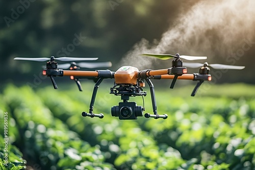 Agriculture drone flying over a field of crops while spraying pesticides, showcasing the future of farming and agricultural technology