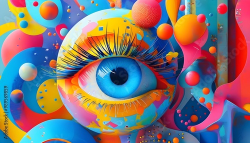 Surreal abstract portrayal of a blue eye encircled by vibrant, colorful shapes and elements creating an artistic visual spectacle