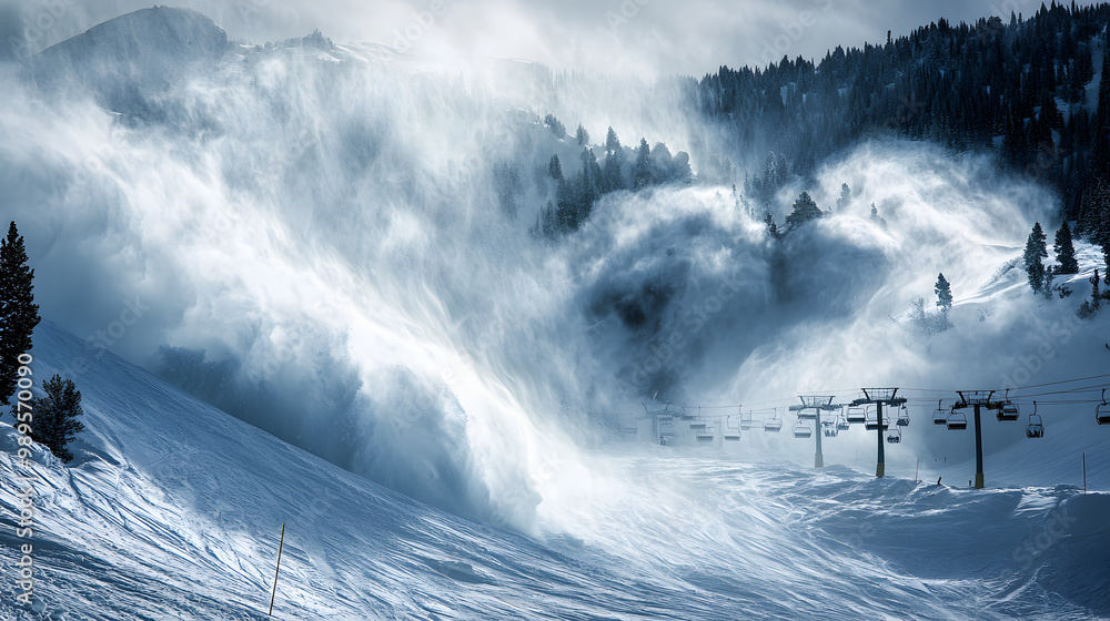 An avalanche sweeping across a ski resort with snow covering the slopes and ski lifts standing still as the snow rushes down.
