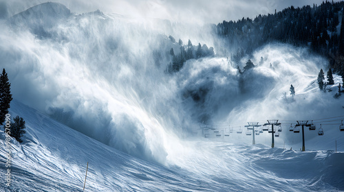 Obraz na płótnie An avalanche sweeping across a ski resort with snow covering the slopes and ski lifts standing still as the snow rushes down. w salonie