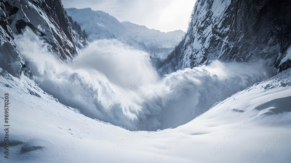 An avalanche sweeping through a mountain pass with snow forming massive waves as it rushes downhill filling the narrow gorge.