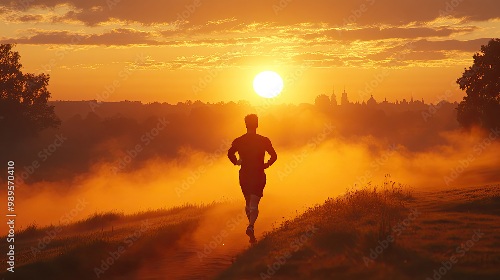 Fototapeta premium A runner strides along a foggy path, silhouetted against a vibrant sunset and city skyline, capturing the beauty of evening exercise