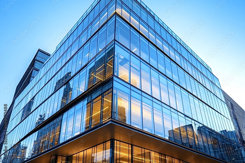 Modern glass office building reflects the city skyline at sunset, blending sleek design with the urban environment Modern glass office building reflects the city skyline at sunset, blending sleek design with the urban environment