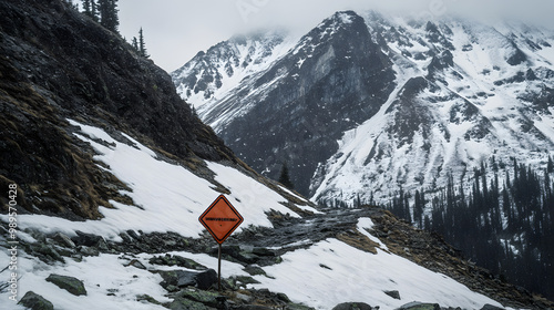 An avalanche warning sign at the base of a steep mountain with cracks visible in the snowpack and a sense of impending danger. photo