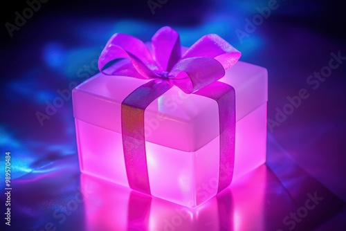 A vibrant glowing gift box adorned with a pink ribbon, set against a dark, neon-lit background. Perfect for holiday celebrations, birthdays, or special occasions.