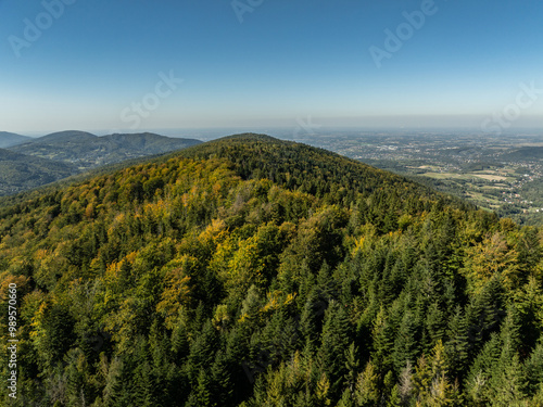 Beskid Maly aerial panorama of potrojna hill and czarny gron.Little Beskids mountain range in summer.Aerial drone view of Rzyki Village in Beskid Maly Poland.Czarny gron ski resort in Rzyki. photo