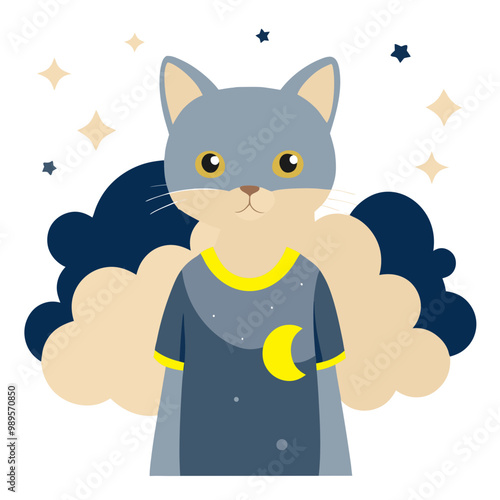 Cute cartoon cat wearing a night-themed t-shirt against a dreamy starry background