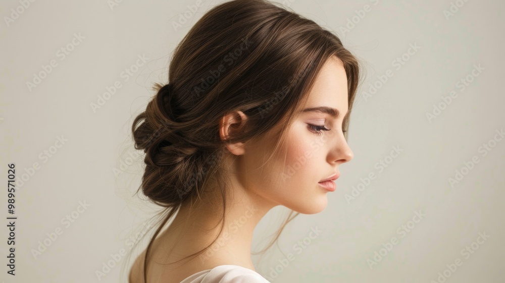 Side profile of a young woman with an elegant updo hairstyle Side profile of a young woman with an elegant updo hairstyle