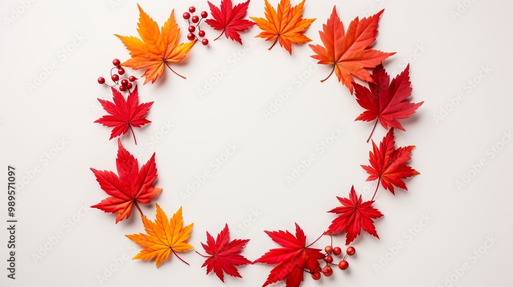 Colorful autumn leaves arranged in a circular pattern on a light background in fall season Colorful autumn leaves arranged in a circular pattern on a light background in fall season