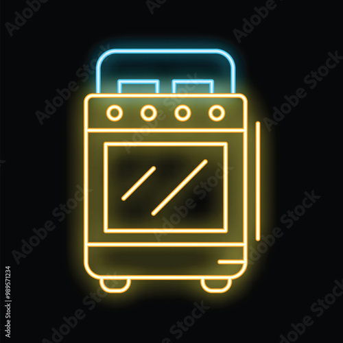 Yellow glowing neon icon of kitchen appliance for cooking representing concept of cooking and baking