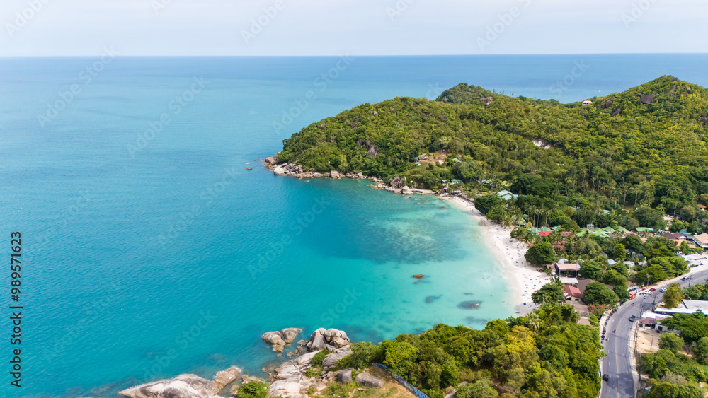 aerial drone shot of silver beach, koh samui, thailand. turquoise water, white sand, palm trees, and lush greenery create a serene tropical paradise, perfect for travel and tourism imagery. aerial drone shot of silver beach, koh samui, thailand. turquoise water, white sand, palm trees, and lush greenery create a serene tropical paradise, perfect for travel and tourism imagery.