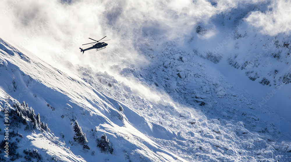 A helicopter flying above a recent avalanche surveying the damage as massive snowdrifts and debris cover the mountainside.