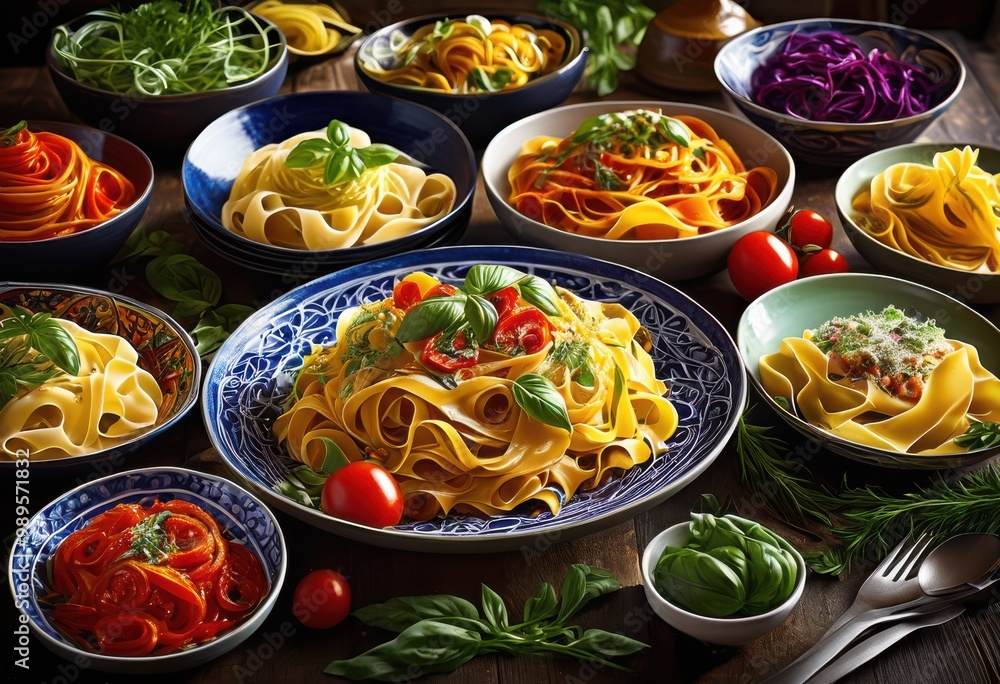 vibrant pasta dishes artfully presented colorful plates showcasing feast colors textures culinary delight, food, vegetable, ingredient, meal, restaurant vibrant pasta dishes artfully presented colorful plates showcasing feast colors textures culinary delight, food, vegetable, ingredient, meal, restaurant