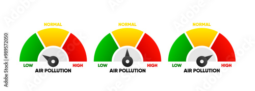 Air Pollution meter. Air Quality Index scale. Low and High level. Gauge with quality index dial showing. Vector illustration.