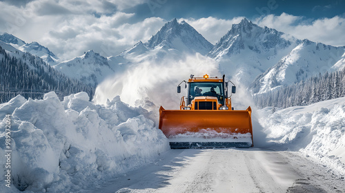 A large snowplow clearing an avalanche-blocked road pushing massive piles of snow to the side as the mountains loom in the background.