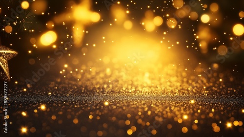 Golden Christmas star on bokeh background. gold and black.