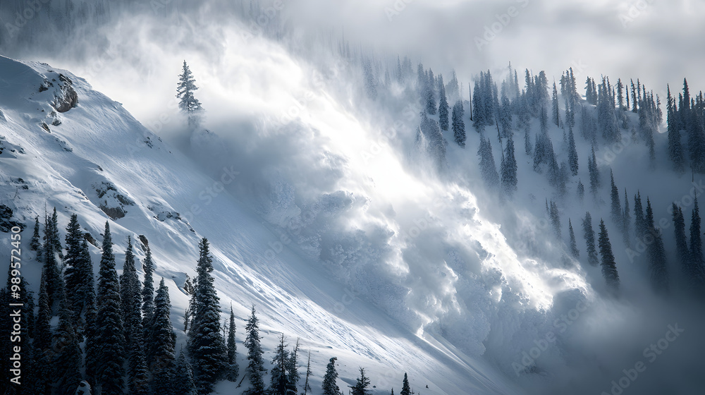 A massive wall of snow pouring over the edge of a mountain ridge with trees and boulders being swept along in the powerful slide.