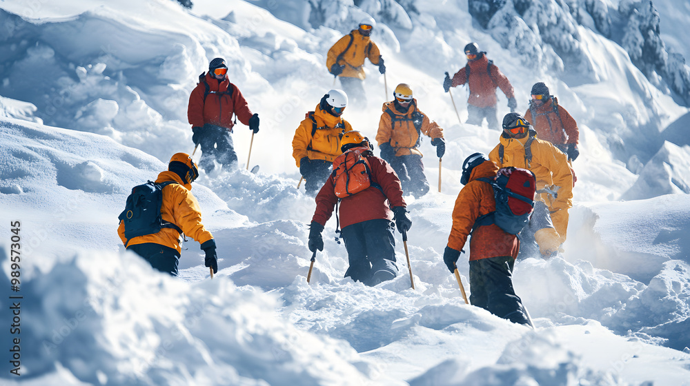 A rescue operation underway in the aftermath of an avalanche with multiple teams working together to search for victims using shovels and probes.