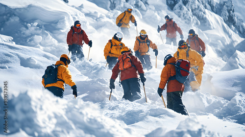 Obraz na płótnie A rescue operation underway in the aftermath of an avalanche with multiple teams working together to search for victims using shovels and probes. w salonie