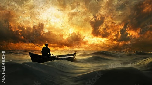 A lone fisherman rows his boat through the choppy water at sunset