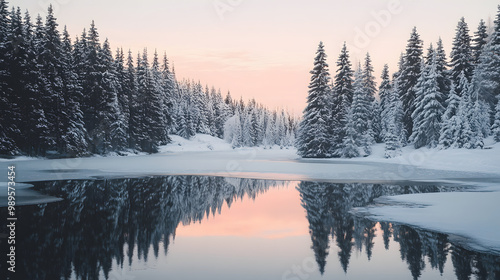 A serene winter landscape with snow-covered pine trees and a frozen lake reflecting the soft pink hues of the setting sun.