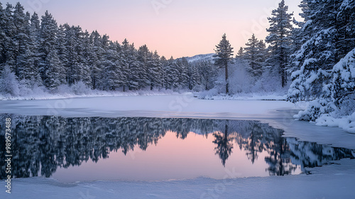 A serene winter landscape with snow-covered pine trees and a frozen lake reflecting the soft pink hues of the setting sun.