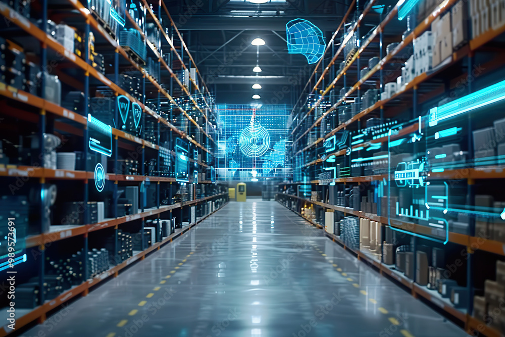 A warehouse with a computerized system that shows the inventory, generative ai., A warehouse with a computerized system that shows the inventory, generative ai.,