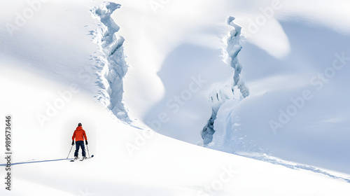 A skier looking up at an impending avalanche as cracks form in the snow just above them creating a moment of intense tension. photo