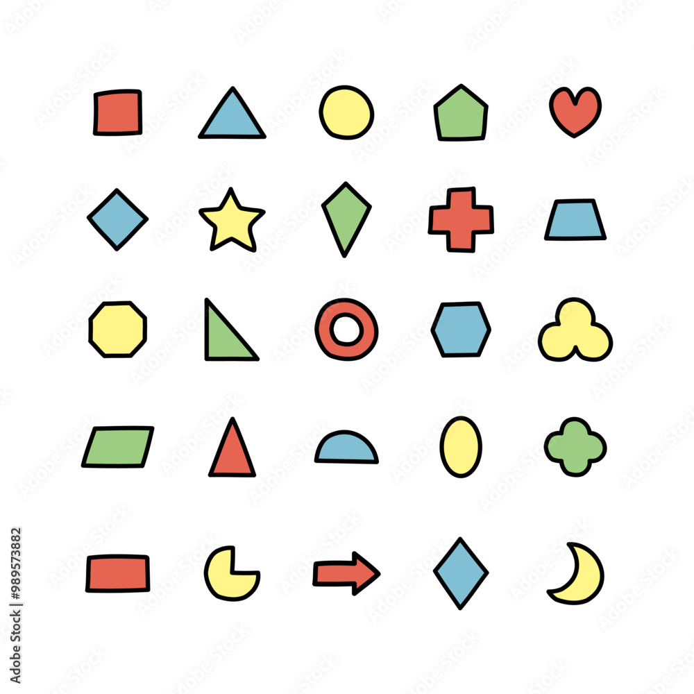 Set of colorful abstract geometric shapes. Education, learning, preschool concept. Colored outline decorative vector design isolated illustration. Set of colorful abstract geometric shapes. Education, learning, preschool concept. Colored outline decorative vector design isolated illustration.