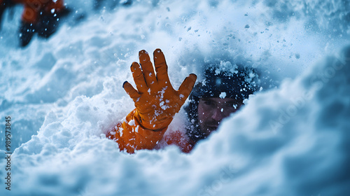 A skier signaling for help after being partially buried in an avalanche with only their hand visible above the snow as rescue teams approach.