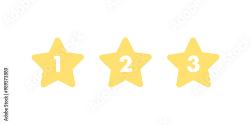 Yellow star sticker number set. Rating, success, goal, achievement, reward concepts. Flat decorative vector design isolated illustration.