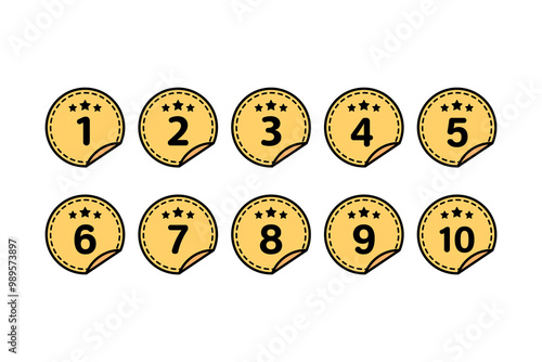 Yellow star number 1 to 10 round label sticker set. Achievement, reward, success concept. Colored outline vector design isolated illustration on white background.