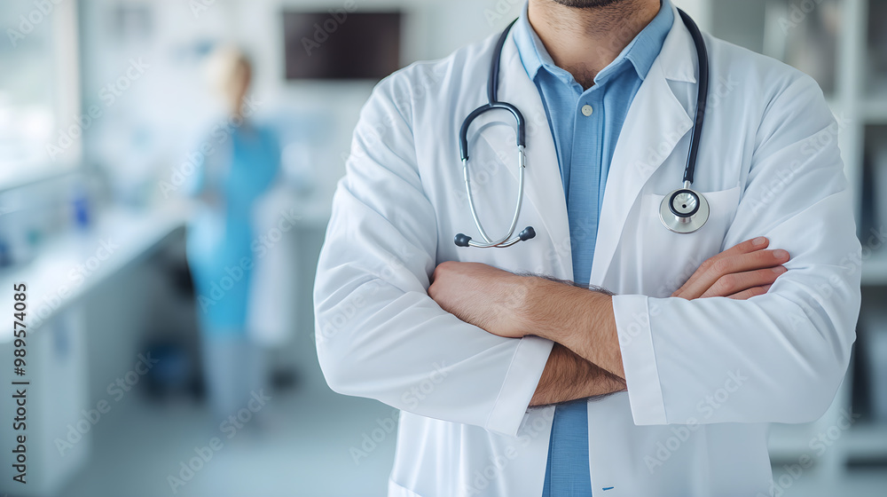 A doctor stands in a hospital room with his arms crossed A doctor stands in a hospital room with his arms crossed