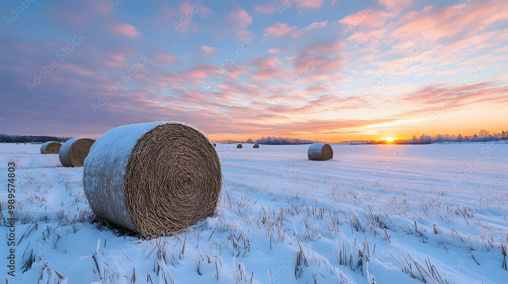 A snow-covered field dotted with hay bales the sky above filled with soft pink clouds as the sun sets in the distance.