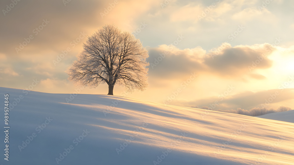 A snow-covered hilltop with a single tree standing tall its branches heavy with frost and the sun breaking through the clouds casting golden light on the snow. A snow-covered hilltop with a single tree standing tall its branches heavy with frost and the sun breaking through the clouds casting golden light on the snow.