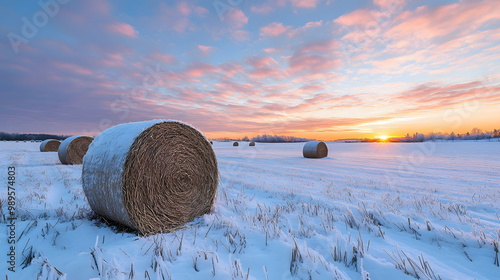 Obraz na płótnie A snow-covered field dotted with hay bales the sky above filled with soft pink clouds as the sun sets in the distance. w salonie
