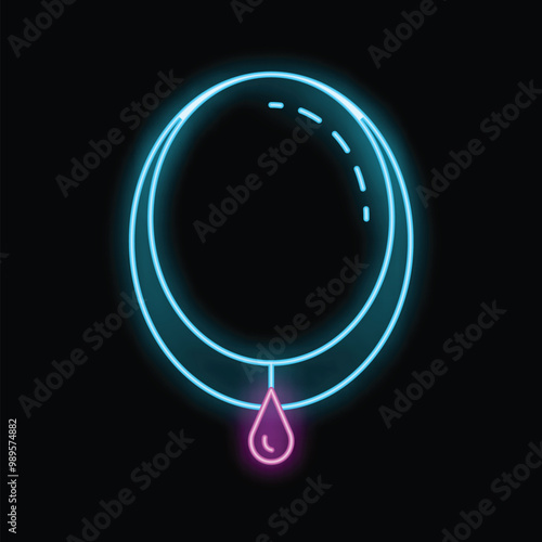 Neon sign depicting a blue necklace with a pink teardrop gem, glowing on a black background