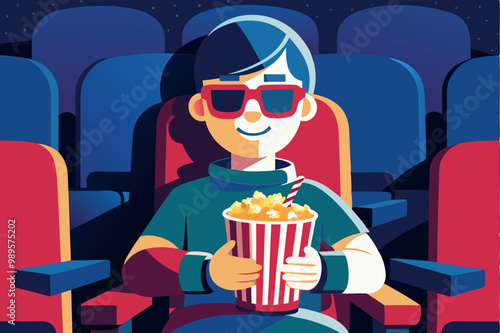 Young guy sitting in the chair holding popcorn bucket and watching movie in cinema theatre
